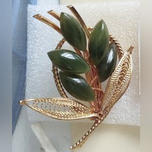 Goldtone Jade Leaf Vintage Brooch